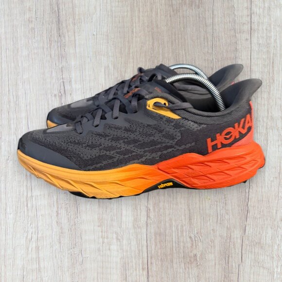 HOKA One One Speedgoat 5 Trail Running Shoes Vibram Mens 8.5D Gray Orange